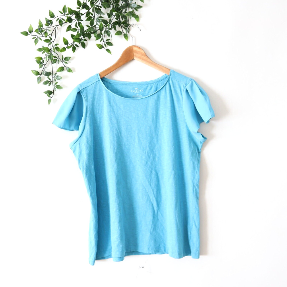Talbots Woman Plus Size 1X Short Flutter Sleeve Blue Top